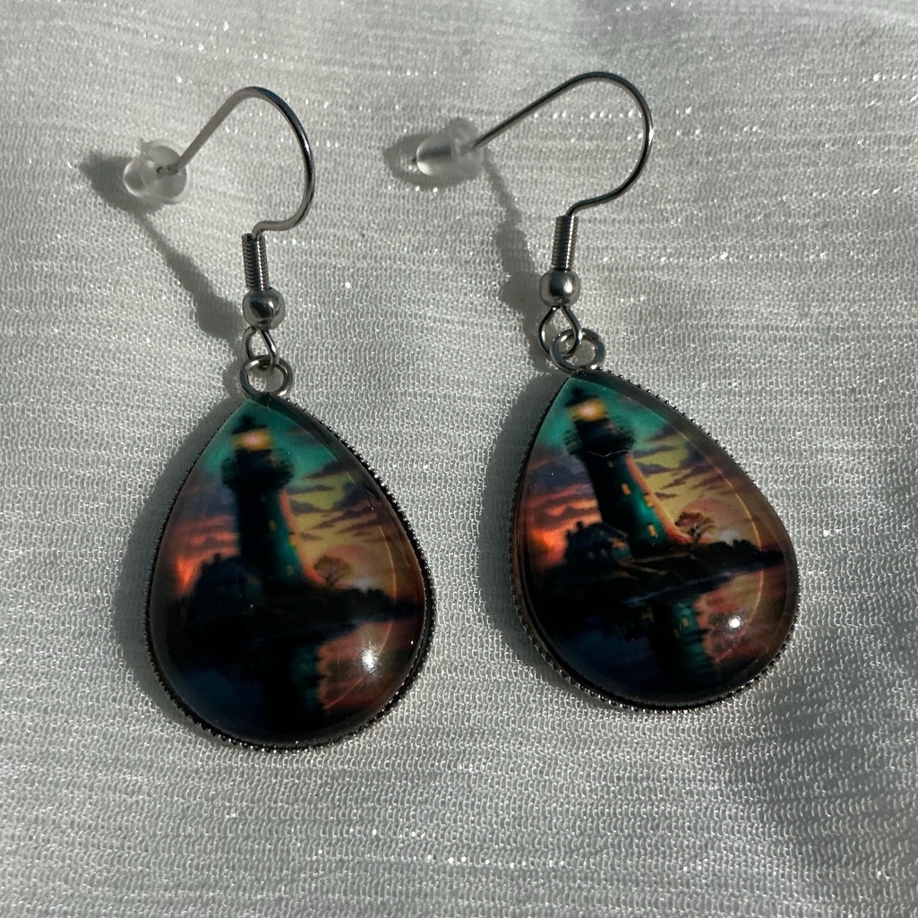Glass Cabochon Lighthouse Sunset Drop Earrings 42$